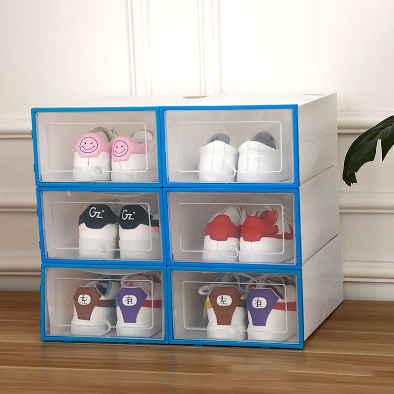 6 stk flip sko kasse tykt gennemsigtigt skuffetaske støvtæt plastæske, der kan stables, overlejret arrangør opbevarings kombination rack: Blå 6pc 34 x 24 x 14
