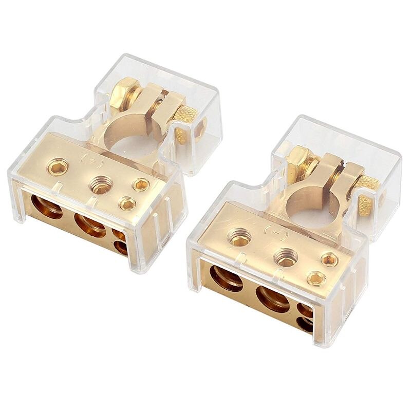 2PCS Car Battery Terminal Connectors Kit 4/8 Gauge AWG Positive & Negative Chrome Battery Terminals & Clear Covers