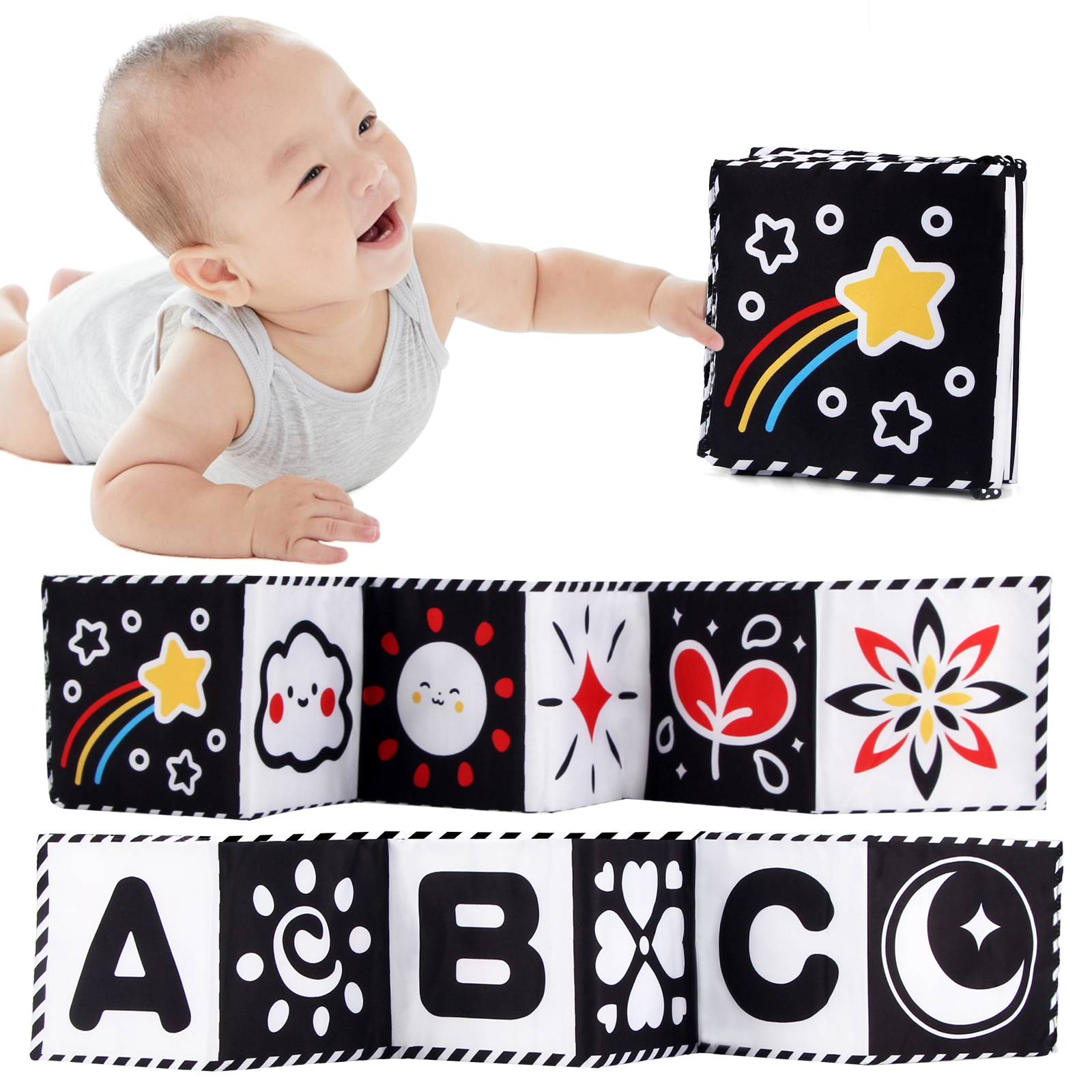 Libro de tela sensorial, juguetes para bebés de alto contraste de 0 a 12 meses, juguetes para cuna para recién nacidos, libros de tela de animales en blanco y negro, libro para bebés Montessori: Plata