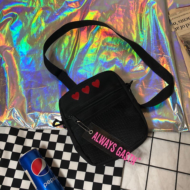 Lettera Ciondolo Ulzzang Del Cuore di Amore di Stampa ottavino mini borsa di Tela lembo Petto/Crossbody/Spalla/messaggero Borsa di skateboard Discoteca hiphop: nero