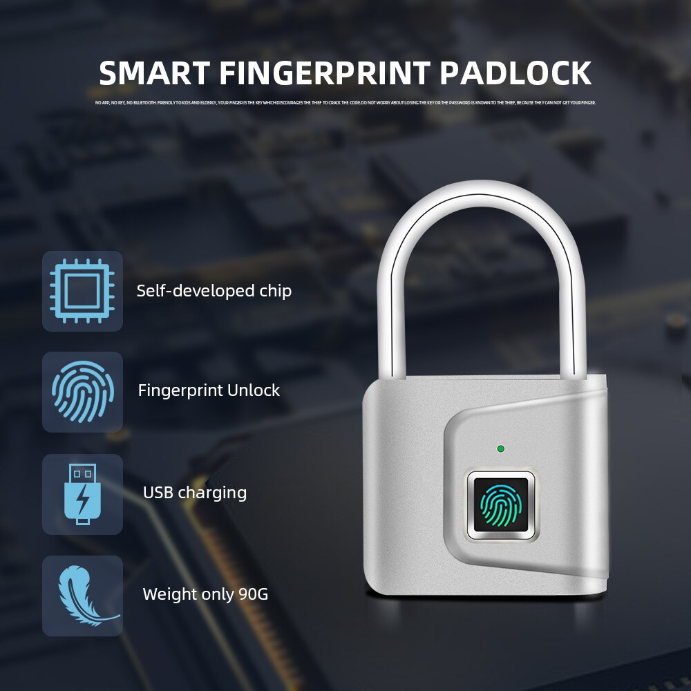 Keyless Usb Oplaadbare Deurslot Vingerafdruk Smart Hangslot Gym Slot Werknemer Locker Quick Unlock Zinklegering Metalen