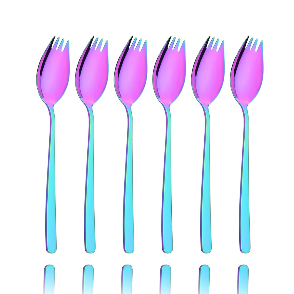 Ensemble de cuillères en acier inoxydable coloré, vaisselle, fourchette à double usage, pour Dessert, salade, accessoires de cuisine: 1Set  6Pcs / Rainbow