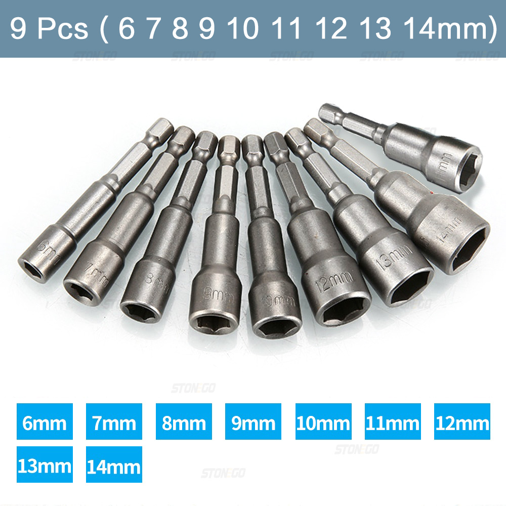 STONEGO 9PCS/14PCS Hexagonal Socket Nozzle Nut Screwdriver Set Metric Socket Wrench Power Nuts Driver Drill Bit Kit 1/4'' Driver: Light Grey