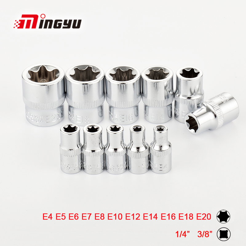 douille torx femelle Jeu de douilles Torx Star 1/4 3/8 douilles torx femelles de type E Tête de clé E4 E5 E6 E7 E8 E10 E12 E14 E16 E18 E20 prises Outils de réparation automobile