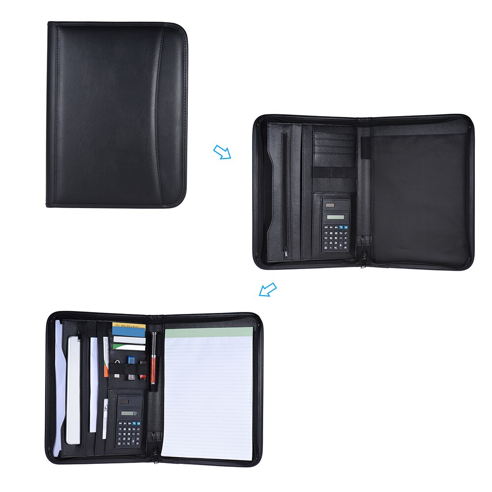 Multifunctional Padfolio Business Zippered Padfolio Folder Document Case Organizer Leather A4 PU Portfolio Memo Pad
