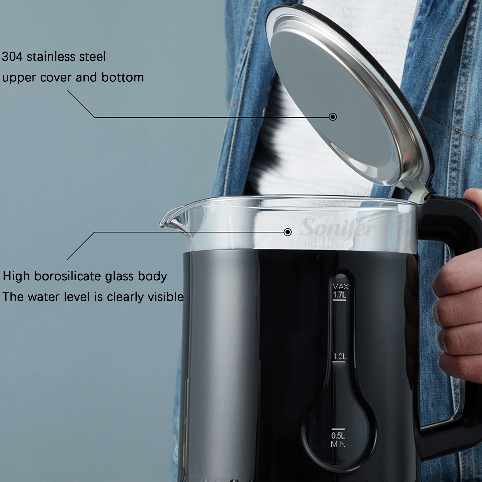 1.7l chaleira elétrica de vidro com controle de temperatura aparelhos de cozinha manter quente função elétrica ebulição bule chá 220v sonifer