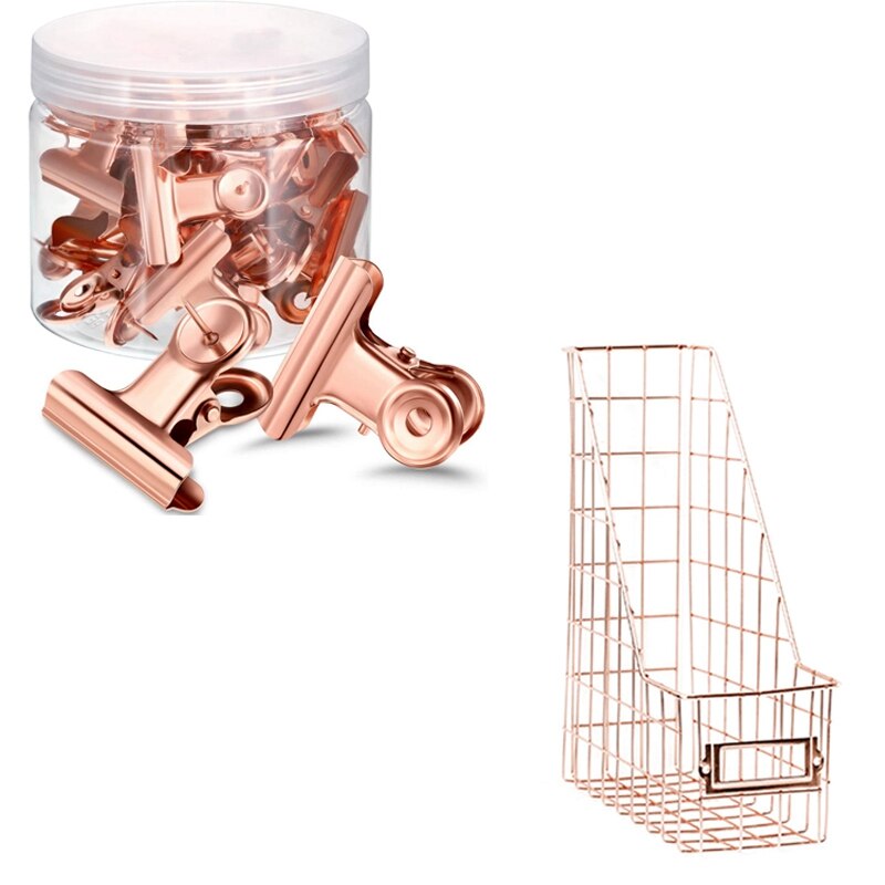 30Pcs Push Pins Clips Met Duim Kopspijkers Set (Rose Goud) & 1 Pcs Vijlbladhouder Mesh Slaapkamer Briefpapier Bureau Organizer