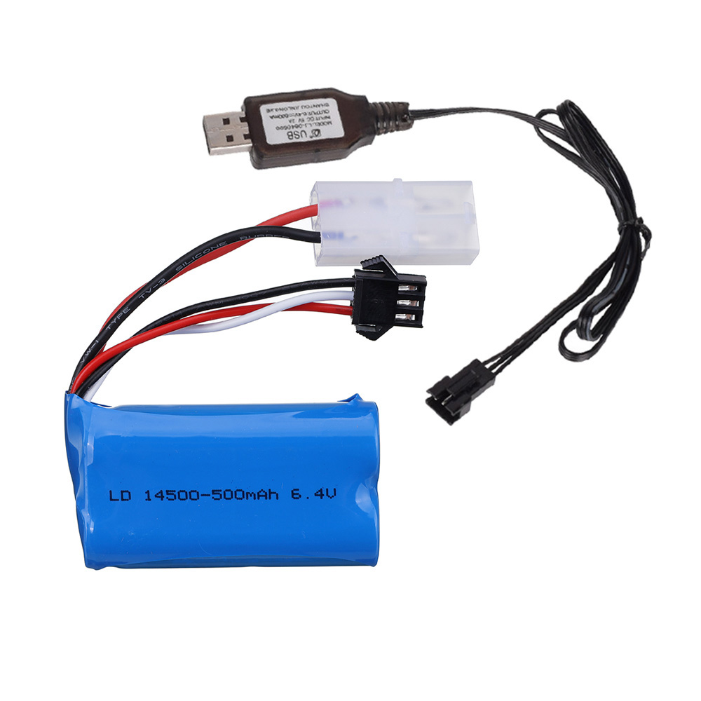 Batería de iones de litio de 6,4 v, 500mAh, con cargador USB, para Wltoys 18401, 18402, vehículo RC, 6,4 v, 14500, para juguetes, coches y barcos a control remoto: Borgoña