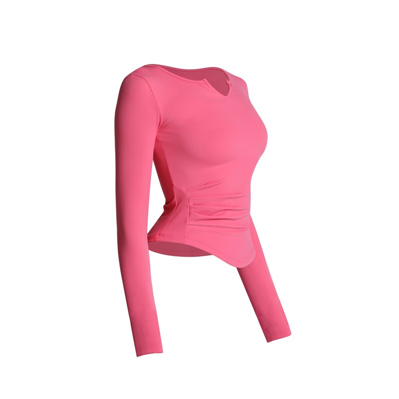 Sportliches t-shirt, langärmeliges crop-top, yogashirt mit daumenlöchern, sportbluse, trainingstop, fitnessweste, damen-yogabekleidung: Langes, rosafarbenes hemd / L