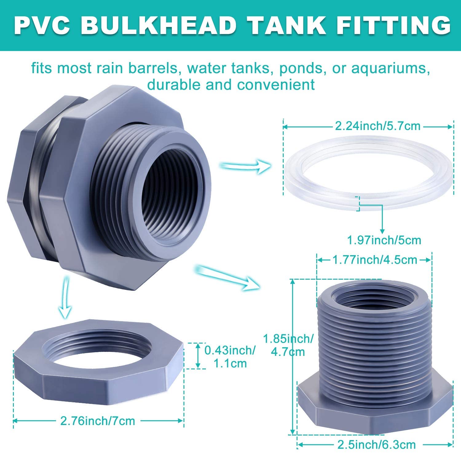 2 Pieces 1 Inch PVC Bulkhead Fitting for Rain Barrels, Aquariums, Water Tanks,Ponds and Pools