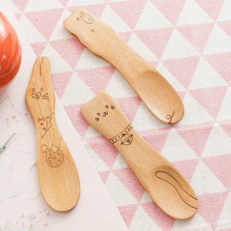 Cuillère en bois pour enfants, dessin animé mignon cuillère à café thé soupe cuillères à remuer Dessert couverts à miel enfants outils de cuisine, vaisselle