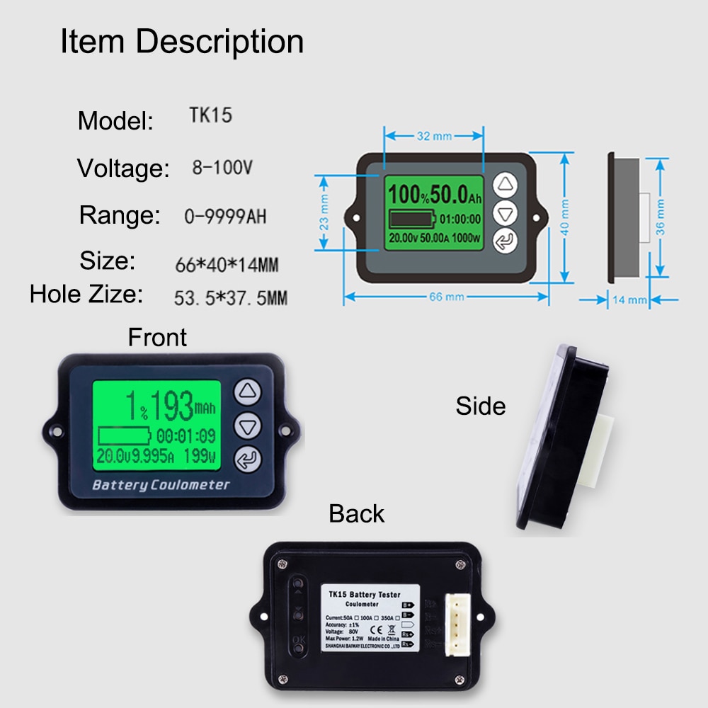 Battery Coulometer TK15 Coulomb Meter Battery Capacity Tester 80V 50A 100A 350A Lithium Battery Monitor LCD Power Level Display