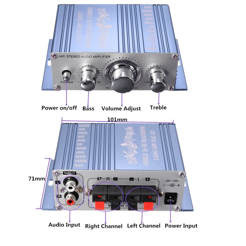 12V Mini Hi-Fi Stereo Amplifier Audio MP3 Auto Car 2 Channel Stereo DVD Speaker Blue Red Yellow