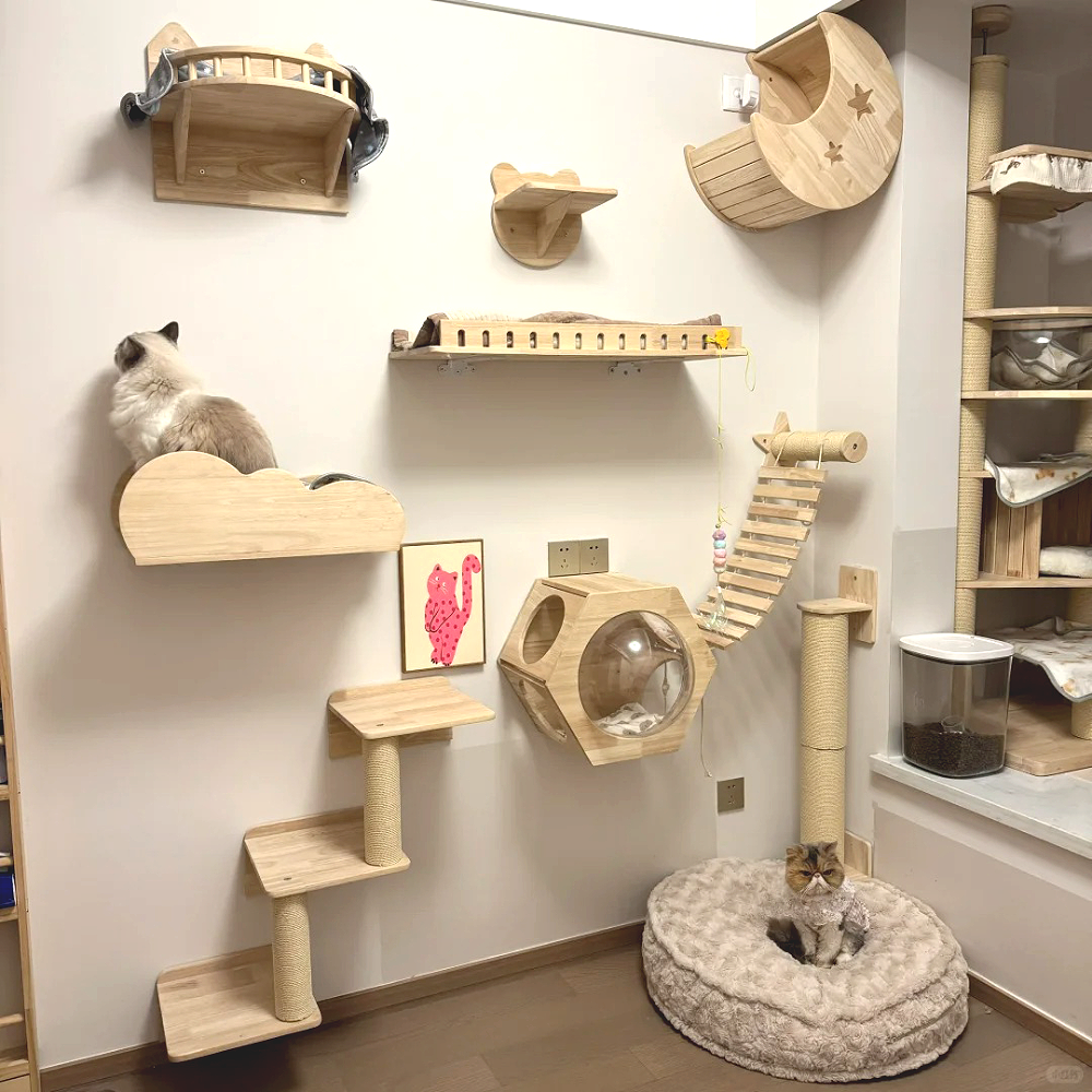 Cat Climbing Shelves Wall Mounted Hammock Wooden Cat Tree Tower Scratching Ladder Indoor House Pet Furniture Cats Playground