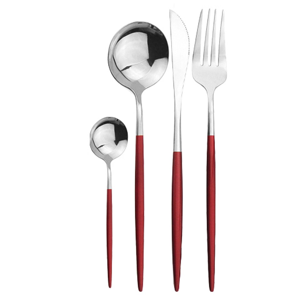 4 pièces/ensemble de couverts en or noir ensemble d'argenterie en acier inoxydable couteau fourchette cuillère ensemble de dîner Rose vaisselle couverts directe: 4Pcs Red Silver