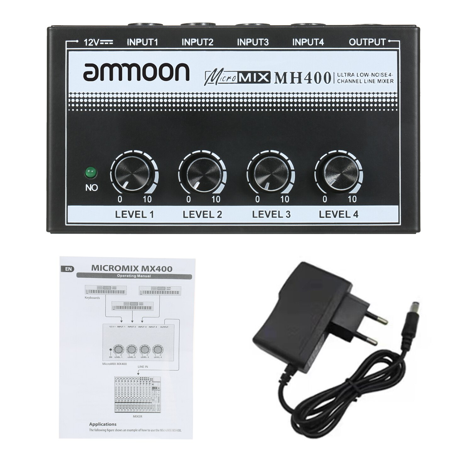 Ammoon MH400 miscelatore Audio a 4 canali a bassissimo rumore mini miscelatore Audio con ingressi TS da 1/4 pollici e controllo del volume di uscita per chitarra: EU spina