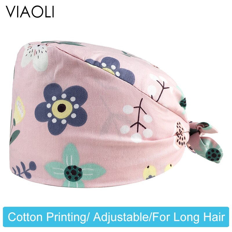 Cartoon bloemenprint matte hoed schoonheidsaccessoires werkmutsen 100%  katoenen ademende stofdichte matte hoed spa-mutsen