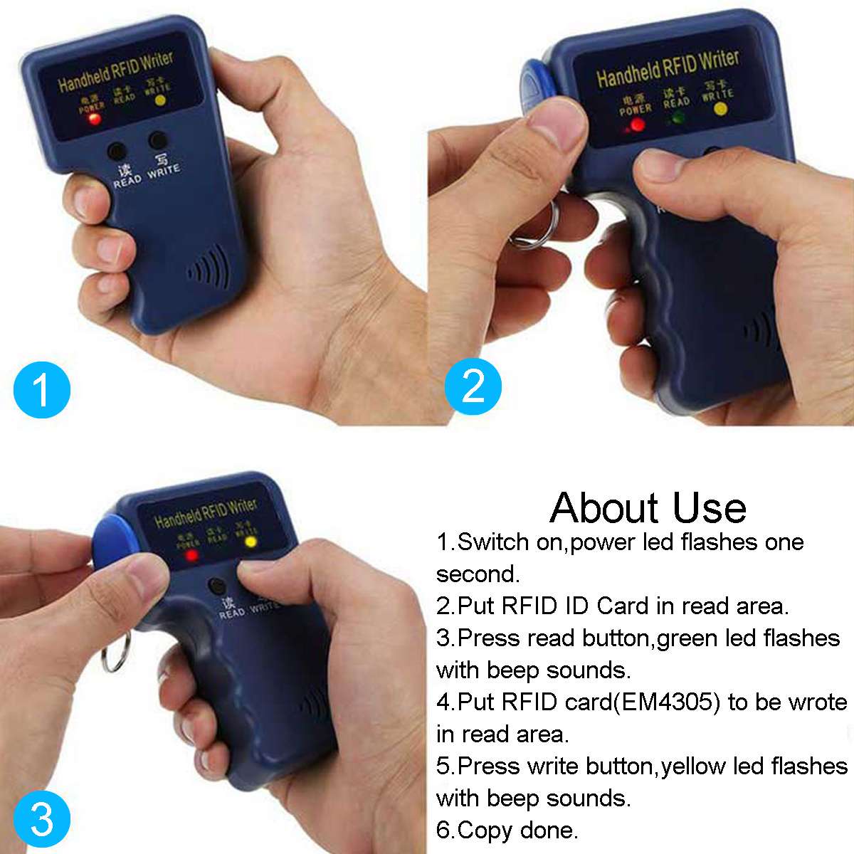 Handheld 125KHz EM4100 TK4100 RFID Copier Writer Duplicator Programmer Reader + 5 Keys EM4305 T5577 Rewritable ID Keyfobs Tags