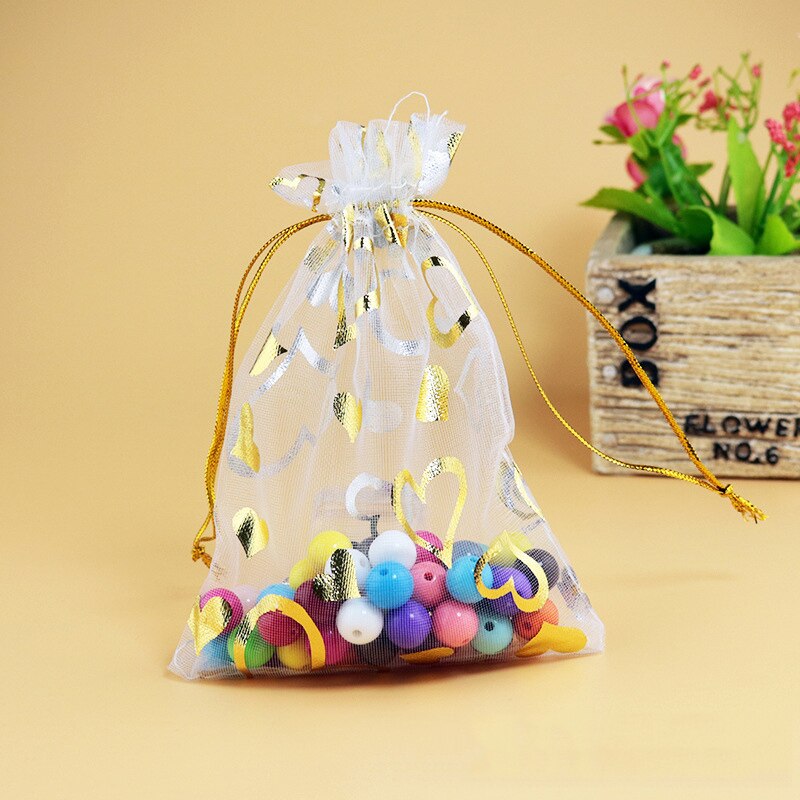 Bolsas pequeñas de Organza para decoración de bodas, embalaje de joyería, dulces de Chocolate, bolsa de con de corazones de Navidad, 100 Uds.