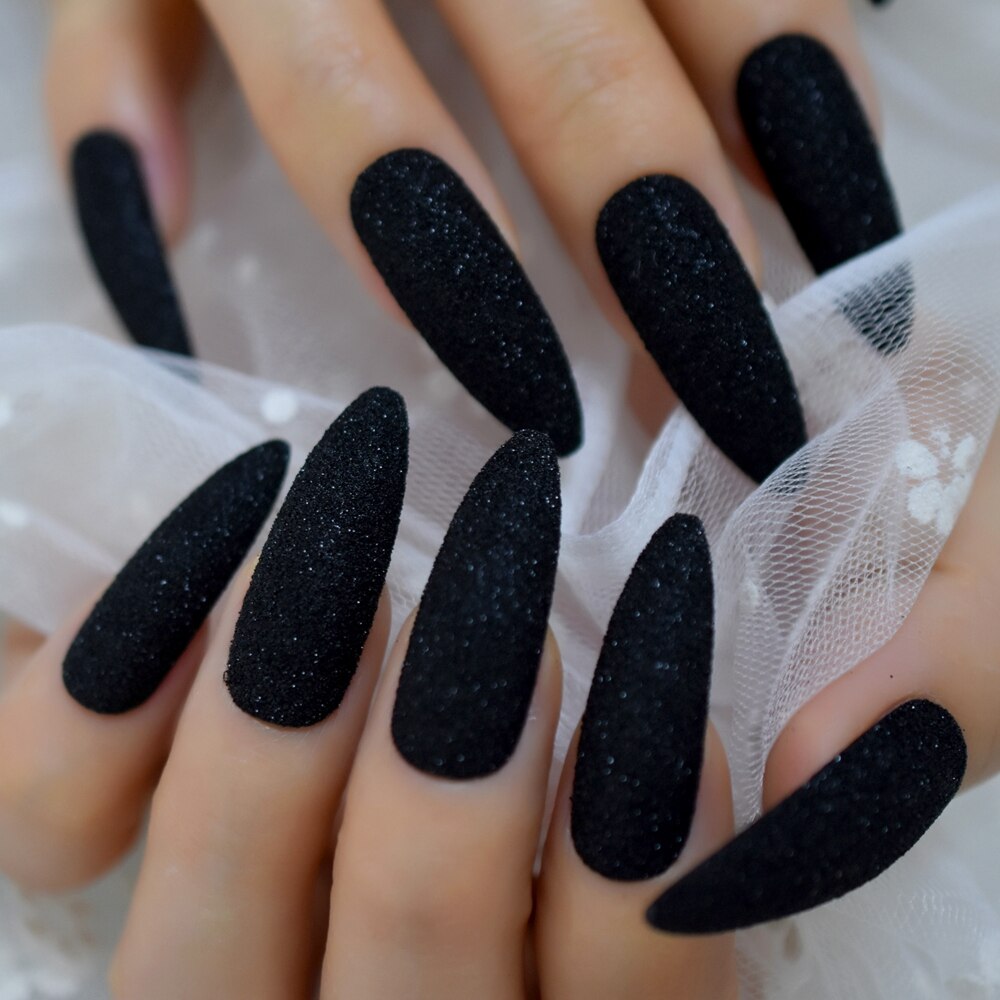 Black Glitter Shimmer False Nails Extra Long Pointed Ladies Faux Ongles Party Beautiful Decorated 24