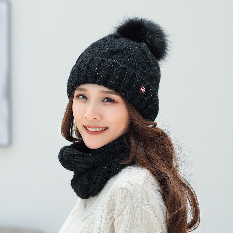 Conjunto de gorro y bufanda de invierno, gorros de punto grueso para mujer, gorro, bufanda para niñas, gorro de Pom Beain, sombreros de color sólido