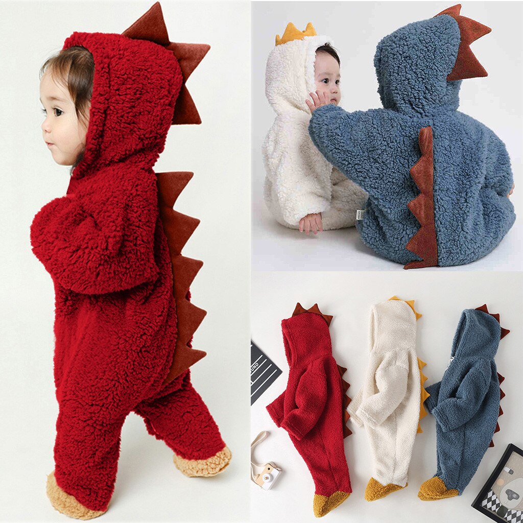 0-1y infantil bebê macacão meninos meninas dos desenhos animados dinossauro com capuz crianças velo bodusuits hoodies crianças engraçado macacão roupas quentes macacão