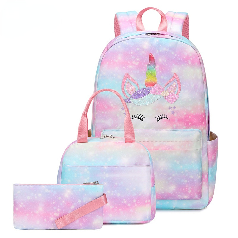 Leuke Regenboog Gradiënt Unicorns Meisjes Kids Lunch Zakken Pen Zak Boekentas Drie Sets Student Tieners School Rugzak