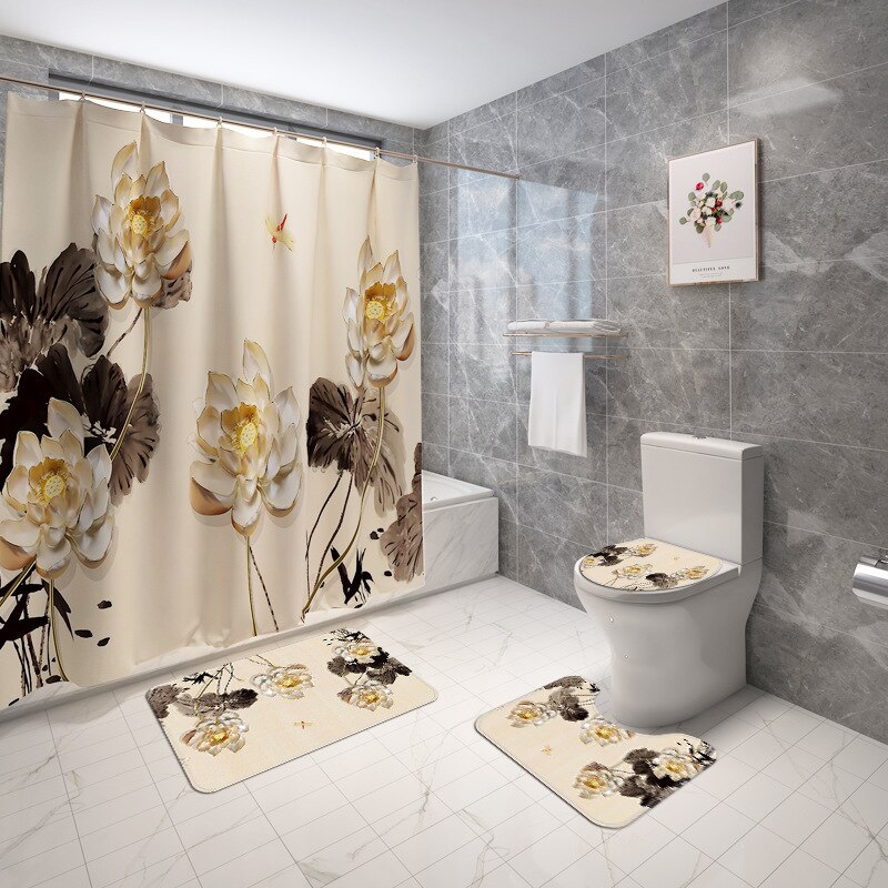 4 stk blomster badeværelset tæppe badeforhæng sæt toilet tæpper og bruseforhæng toilet sædeovertræk gulvmåtte badeværelsesmåtte brusemåtte: 4 stk -698
