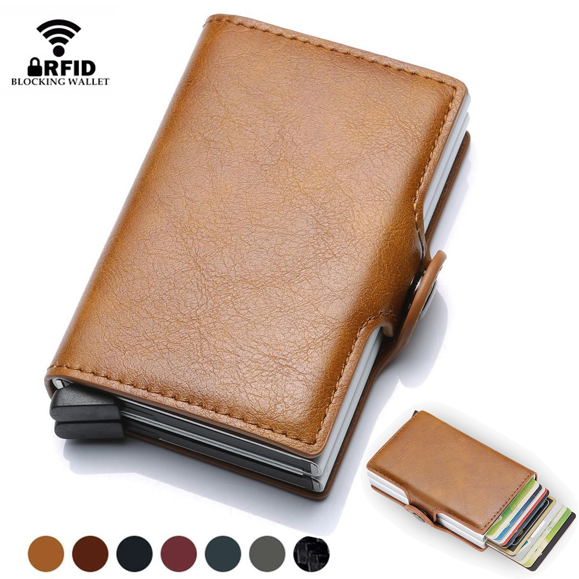 Tarjetero antirrobo para hombre, tarjetero con bloqueo Rfid doble, caja de aluminio de seguridad de cuero, monedero de Metal, tarjetero