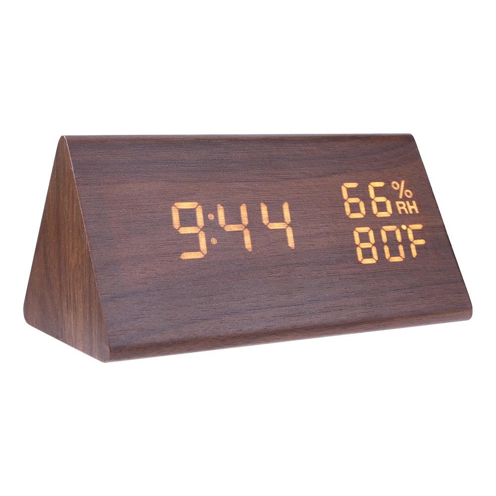 USB Wood LED Alarm Clocks Electronic Table Clock Sound Control Digital Clock Thermometer Timer Calendar Display for Home Decor: Dark Brown