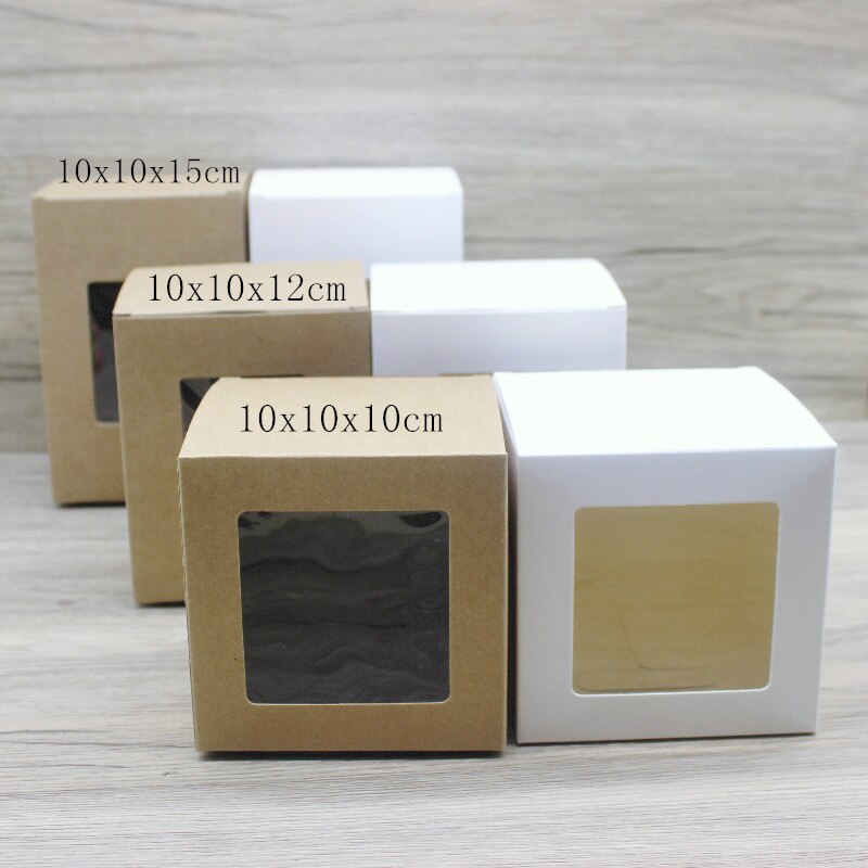 Boîte à fenêtre en papier 50 pièces 10x10x10 0/12/15cm, emballage de bonbons en papier kraft/blanc avec fenêtre, emballage de fournitures de fête,