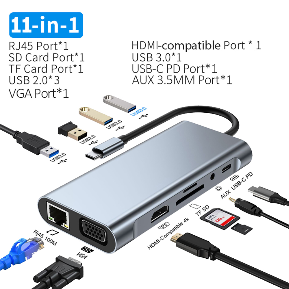 USB C HUB 4K 30Hz typu C do HDMI kompatybilny z USB 3.0 Adapter 11 w 1 typu C HUB Dock PD 87W Rozgałęźnik USB C do MacBooka Pro Air: Czerwony