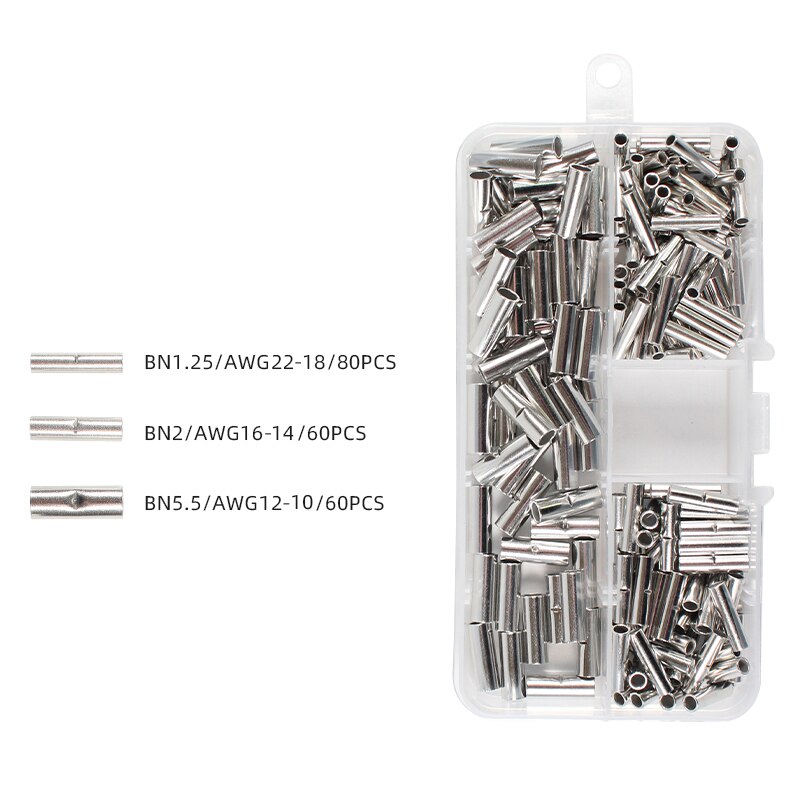 Multifunctional Crimping Tool Set 200pcs Butt Wire Connectors AWG22-10 Copper Tinned Splice Terminals Sleeve Bare Hand Plier Kit