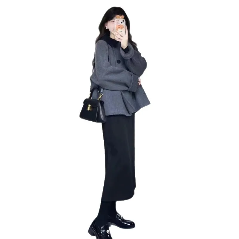 Abrigo corto de lana gris para mujer, prendas de vestir exteriores para otoño e invierno, gama alta, pequeña personalidad, estilo Hepburn, fibra de poliéster, 2025