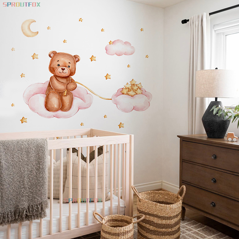 Beer en ster muurstickers voor kinderkamers kinderkamer behang roze wolken decoratieve sticker kinderen muurstickers kind