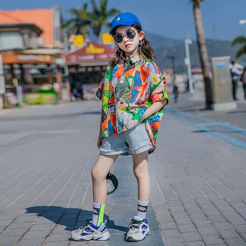 Summer Girls Print Short Sleeve Cotton Shirts Baby 2022 summer 8 10 years Teen Girls Tops Outfit