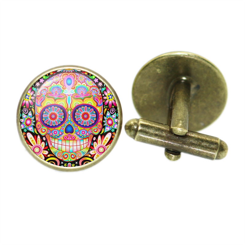 Boutons de manchette squelette Vintage pour hommes, verre rond, de crâne blanc, de mariage, chemise, costume, accessoires bijoux à la: Zinc blanc bleu plaqué