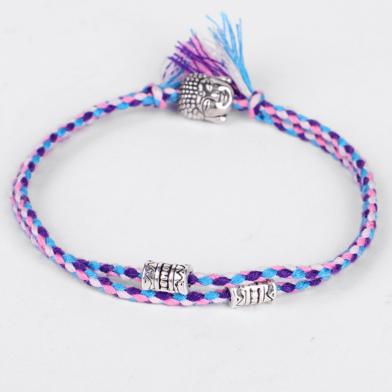 Pulseras y brazaletes de hilo de amuleto tejido con cabeza de Buda tibetana para mujeres y hombres, pulsera de amistad con dije de Buda de cuerda hecha a mano,: PLATEADO
