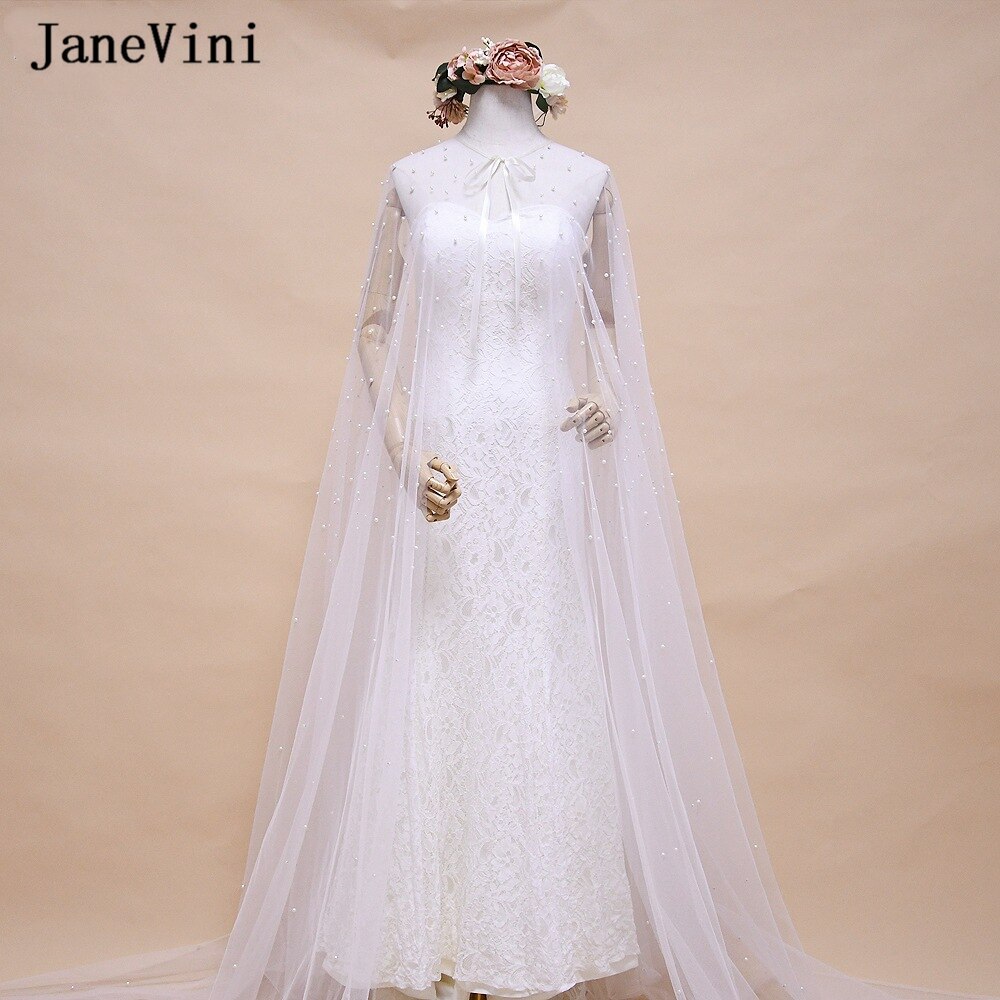 Janevini Elegante Parels Bruid Bolero Ivoor Beach Wedding Sjaals En Wraps Tulle Jassen Voor Bridal Party Vrouwen Cape Mariee