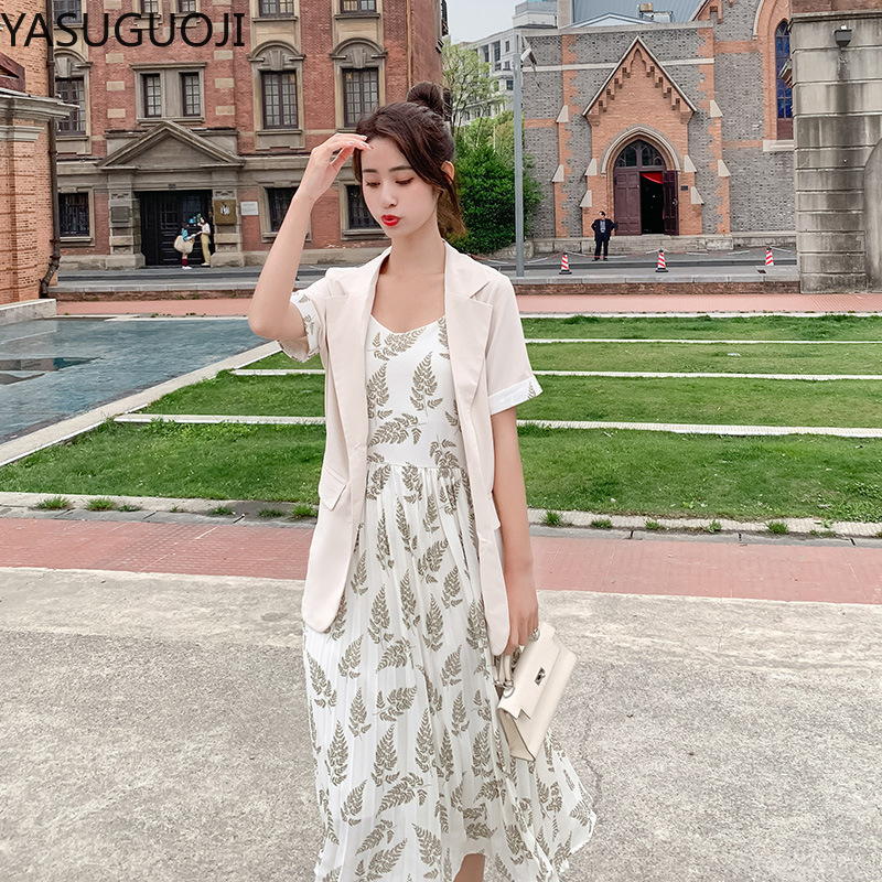 Yasuguoji sommer kvinne kortermet blazer med blomsterprint lang kjole dresser 2 to deler sett dress kvinner