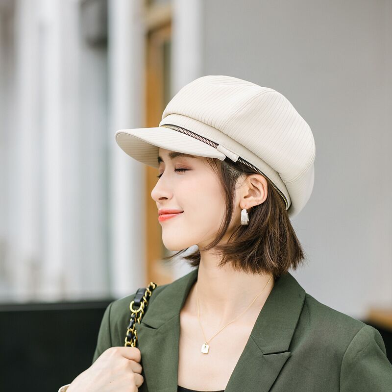 Boina, gorro de otoño-invierno , sombrero de mujer Vintage a rayas octogonal, gorra de caballero, gorra de pintor con cremallera para mujer, sombrero de pintor artístico de doble uso: beige