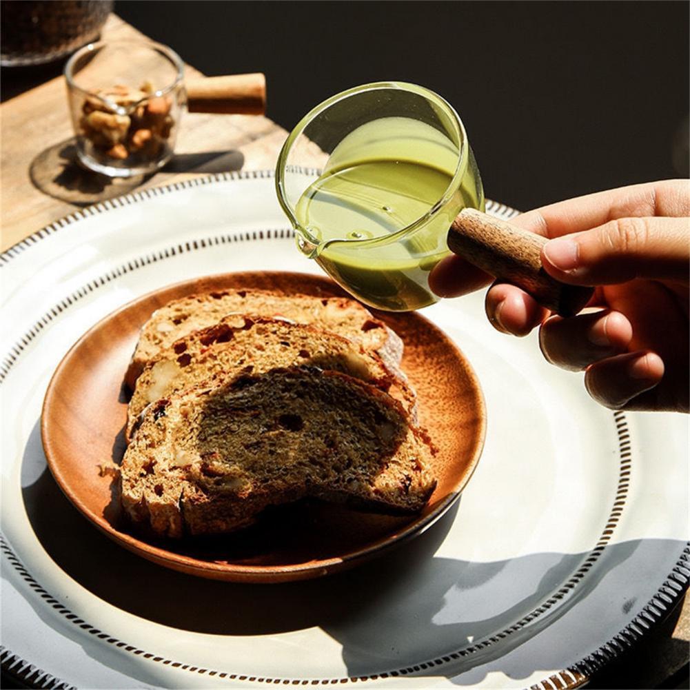 Creamer Jug Glass Milk Cup Heat Resistant Wood Handle Syrup Sauce Dispenser Espresso Multi-Functional Container Cup for Home