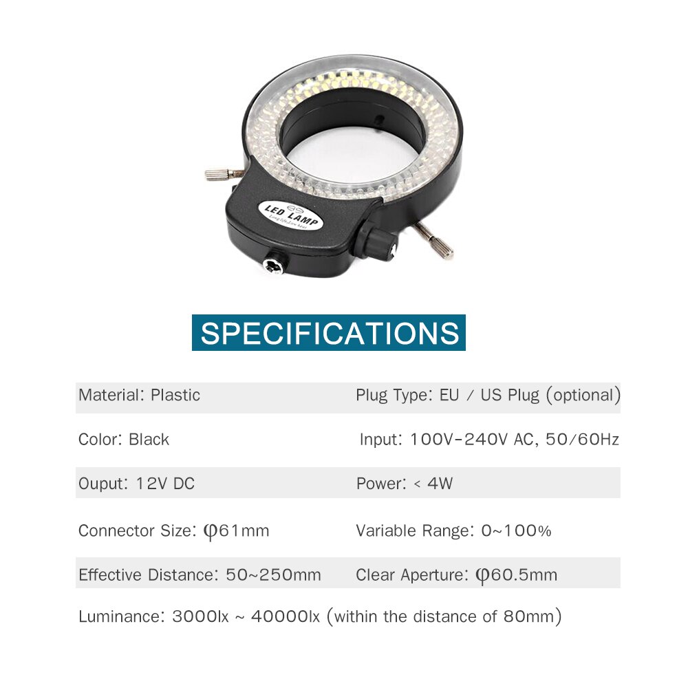 144 LED Ring Light for Stereo Microscope and Camera Adjustable Illuminator with Dimmer for 30-63mm lens Stereoscopic Microscope