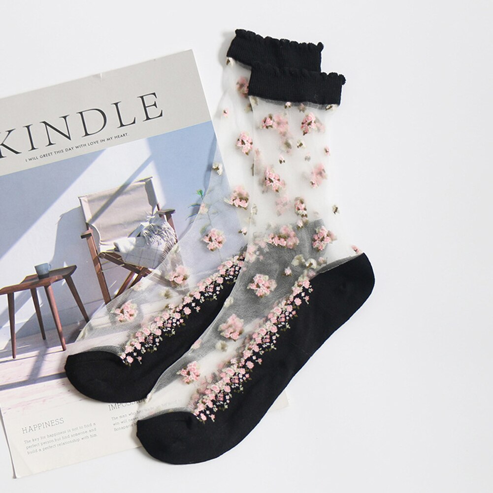 1 par åndbare ultra tynde sokker sommer kvinder gennemsigtig blonde silke krystal rose blomst piger elastiske korte sokker kvindelige sox: Hvid sort