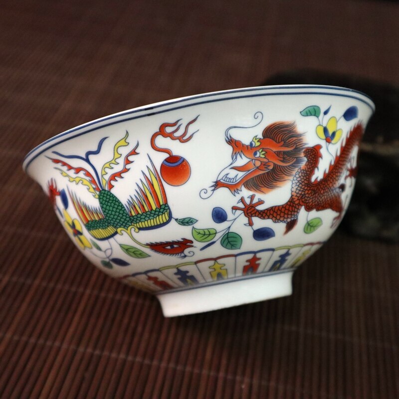 Delicate Antique Chinese Colorful Dragon Phoenix Porcelain Bowl
