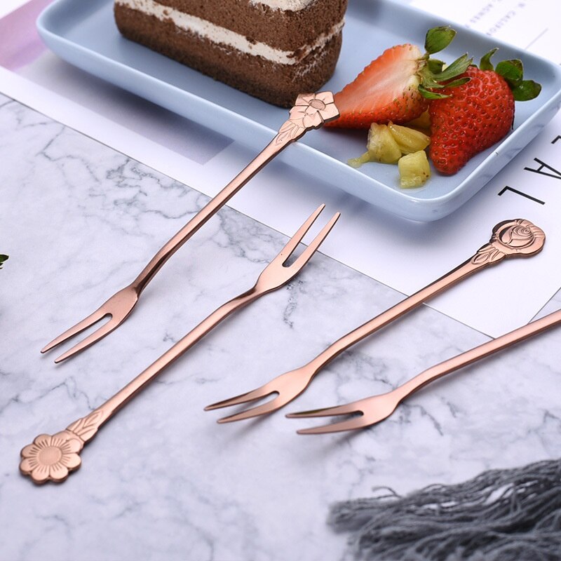 4PCS/Set Flowers Stainless Steel Fruit Fork Flower Handle Fruit Forks