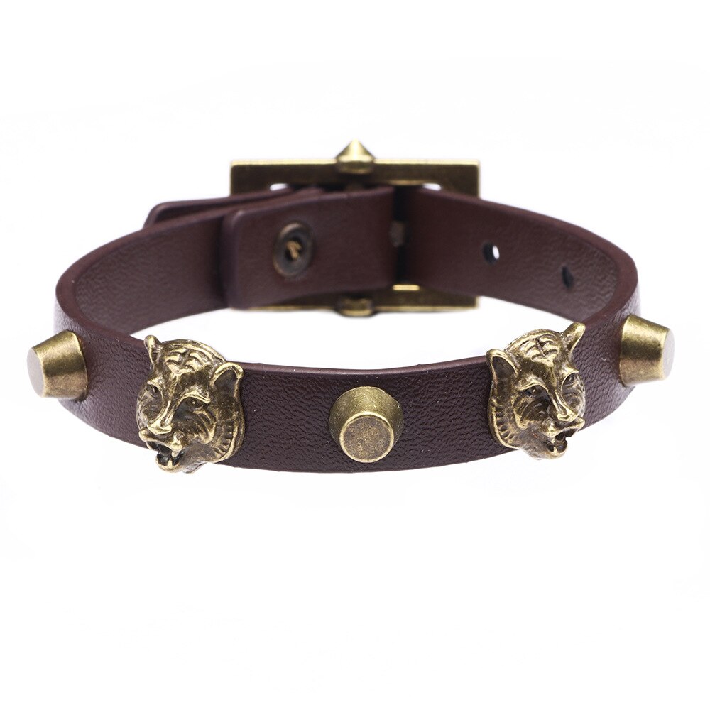 Mode Mannen Sieraden Antieke Bronzen Tijger Hoofd Punk Lederen Armbanden Verstelbare Alloy &amp; Leer Mannelijke Armbanden Accessoires