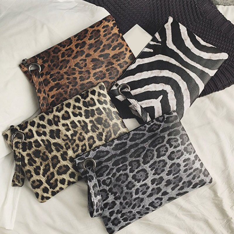 Women Leopard Pu Leather Clutch Wrist Bag Simple Zip Handbag Ladies Travel Cell Phone Evening Party Bag Purses