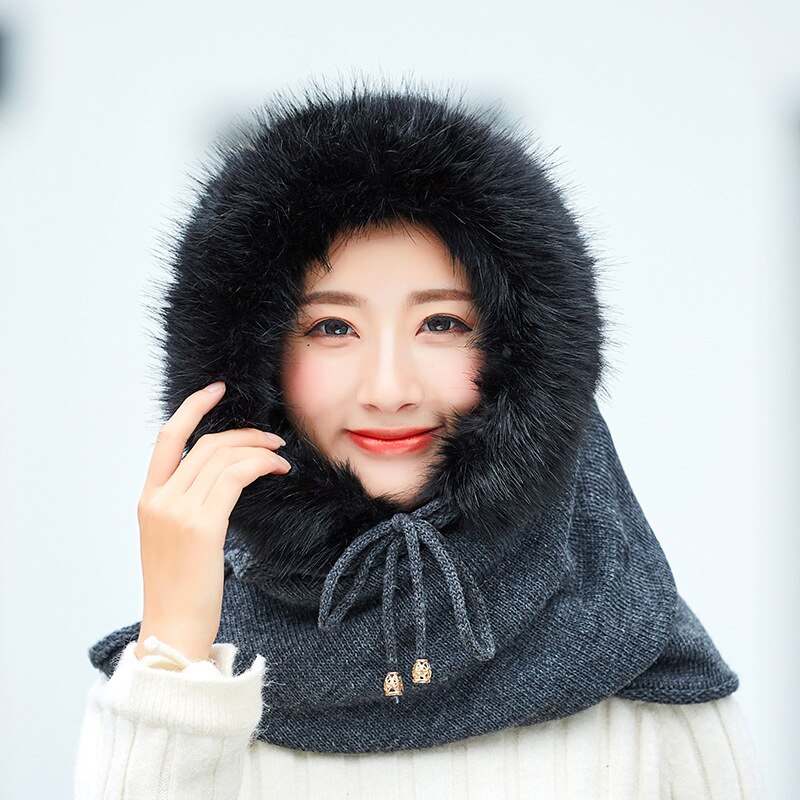 Adult Plus Velvet Hat Female Multi-Fuction Knitted Cashmere Hat Collar Set Winter Neck Warmer Hooded Earmuffs Warm Thickened