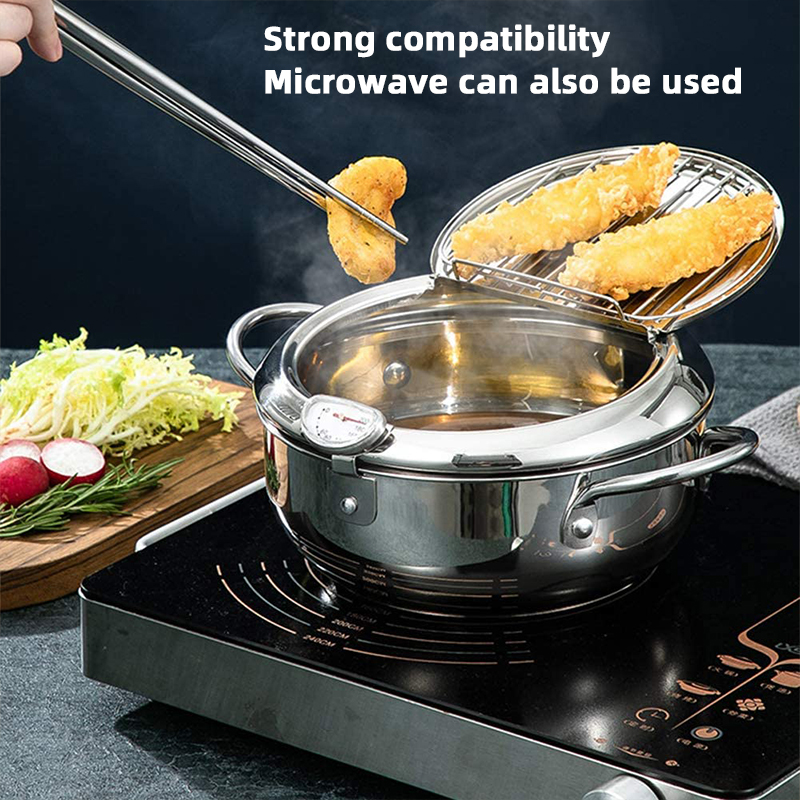 Japanse frituurpan met een thermometer en een deksel Frituurpan 304 roestvrijstalen keuken Tempura olie koekenpan Friteuse